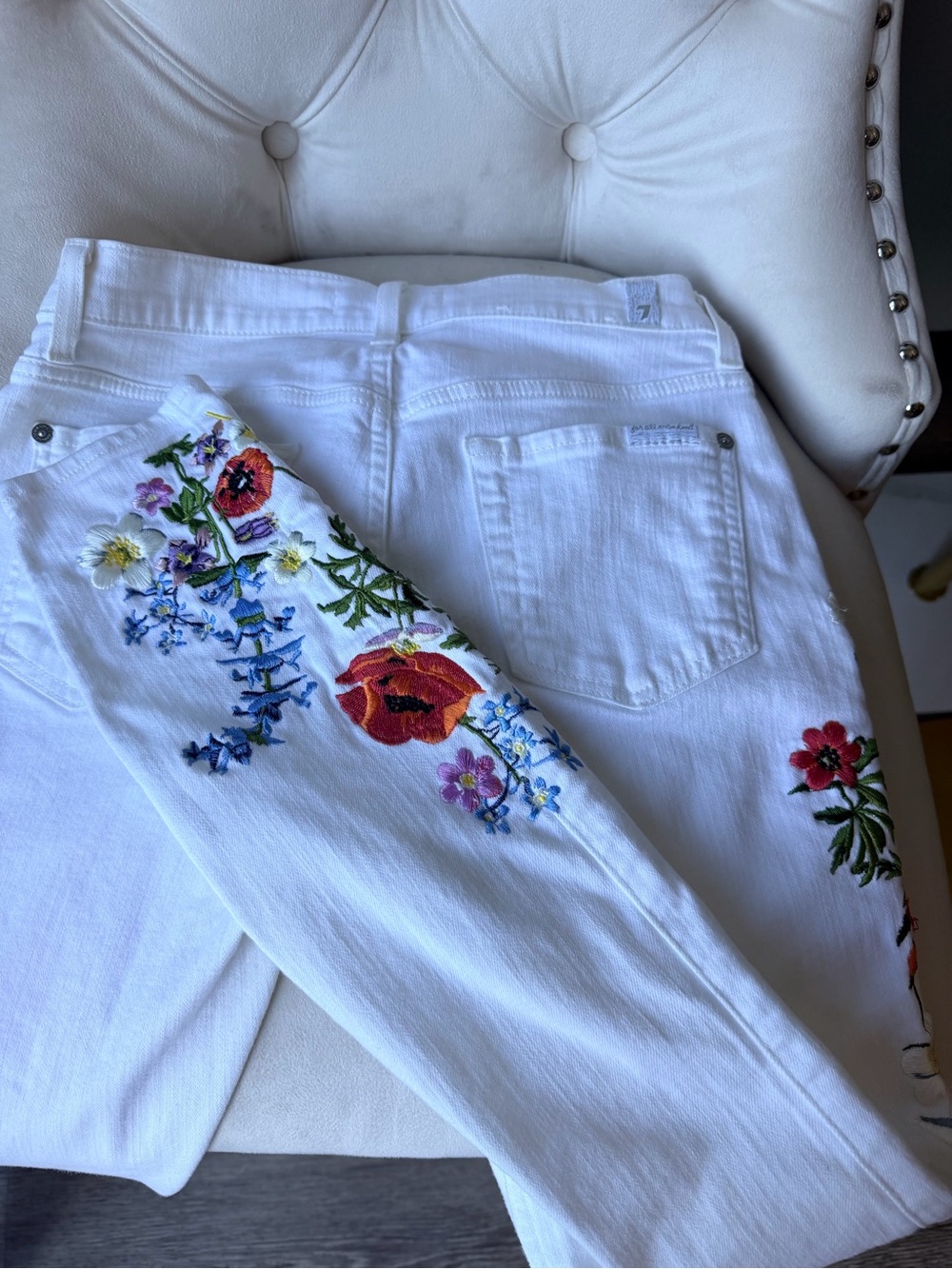 7 For All Mankind White Floral Embroidered Skinny Jeans Women Size 26 - Picture 6 of 8